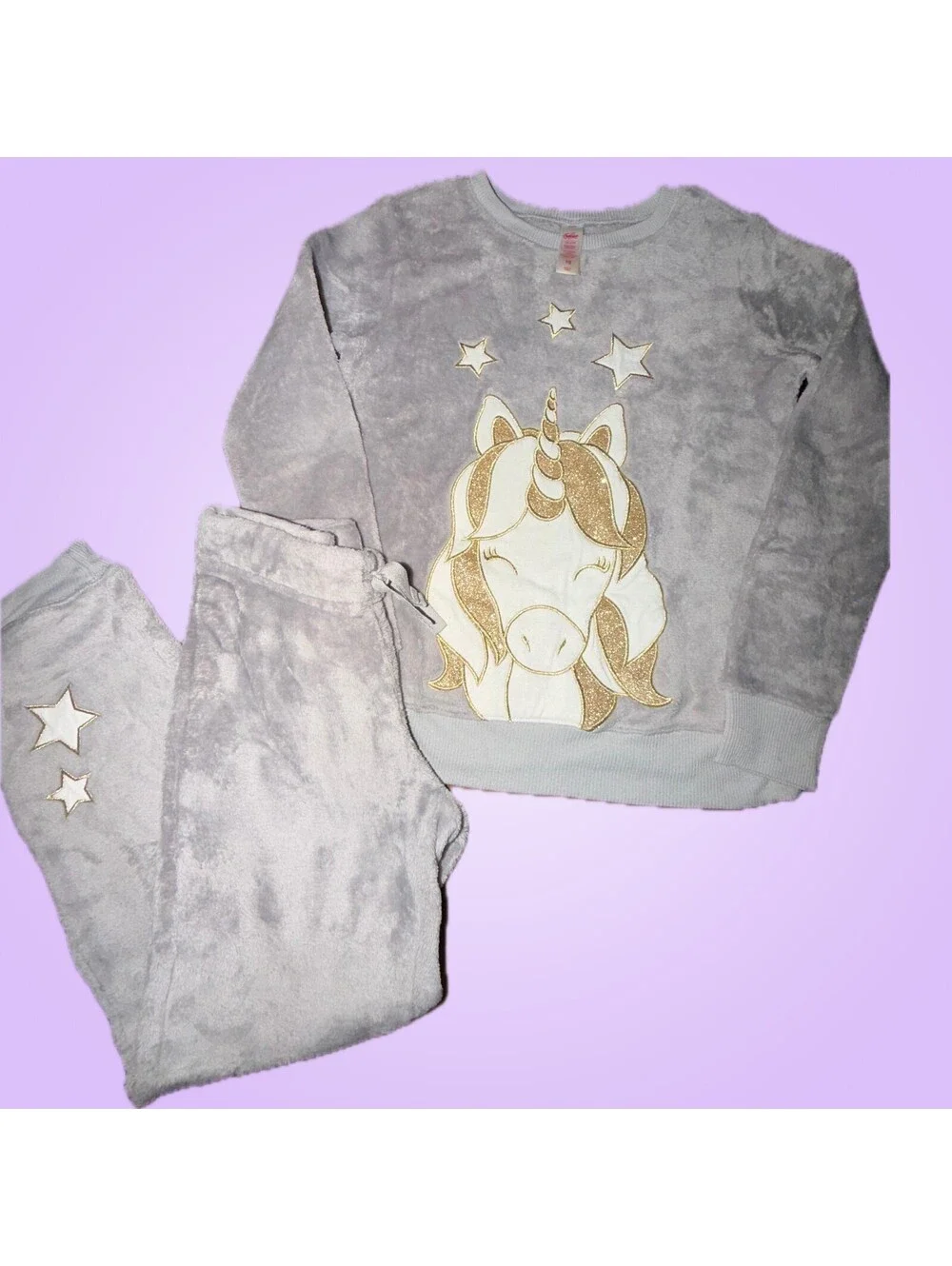 Justice Girls Size 10 Gray Plush Unicorn Sweater and Jogger Outfit